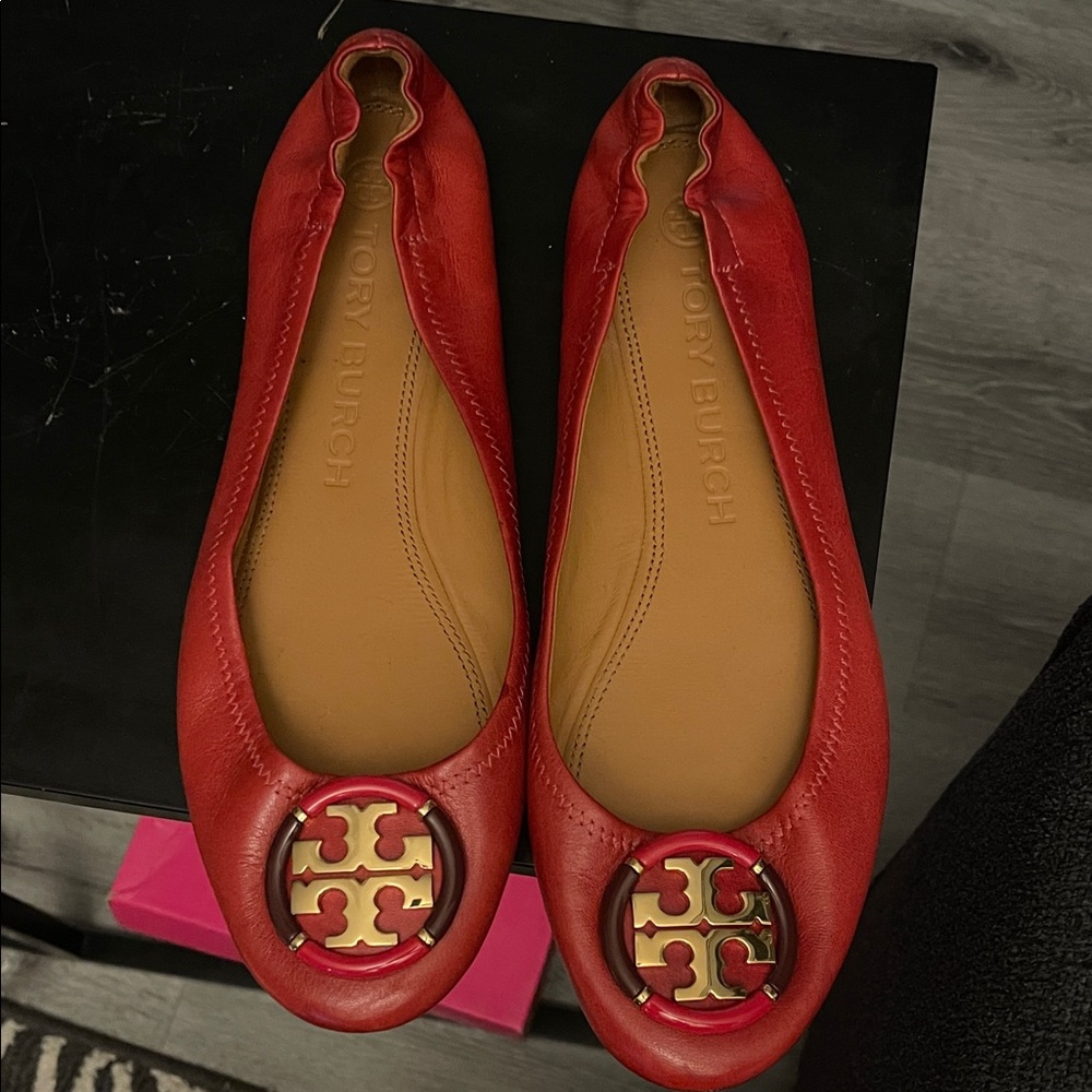 Tory Burch Red Leather Flats with Gold Logo